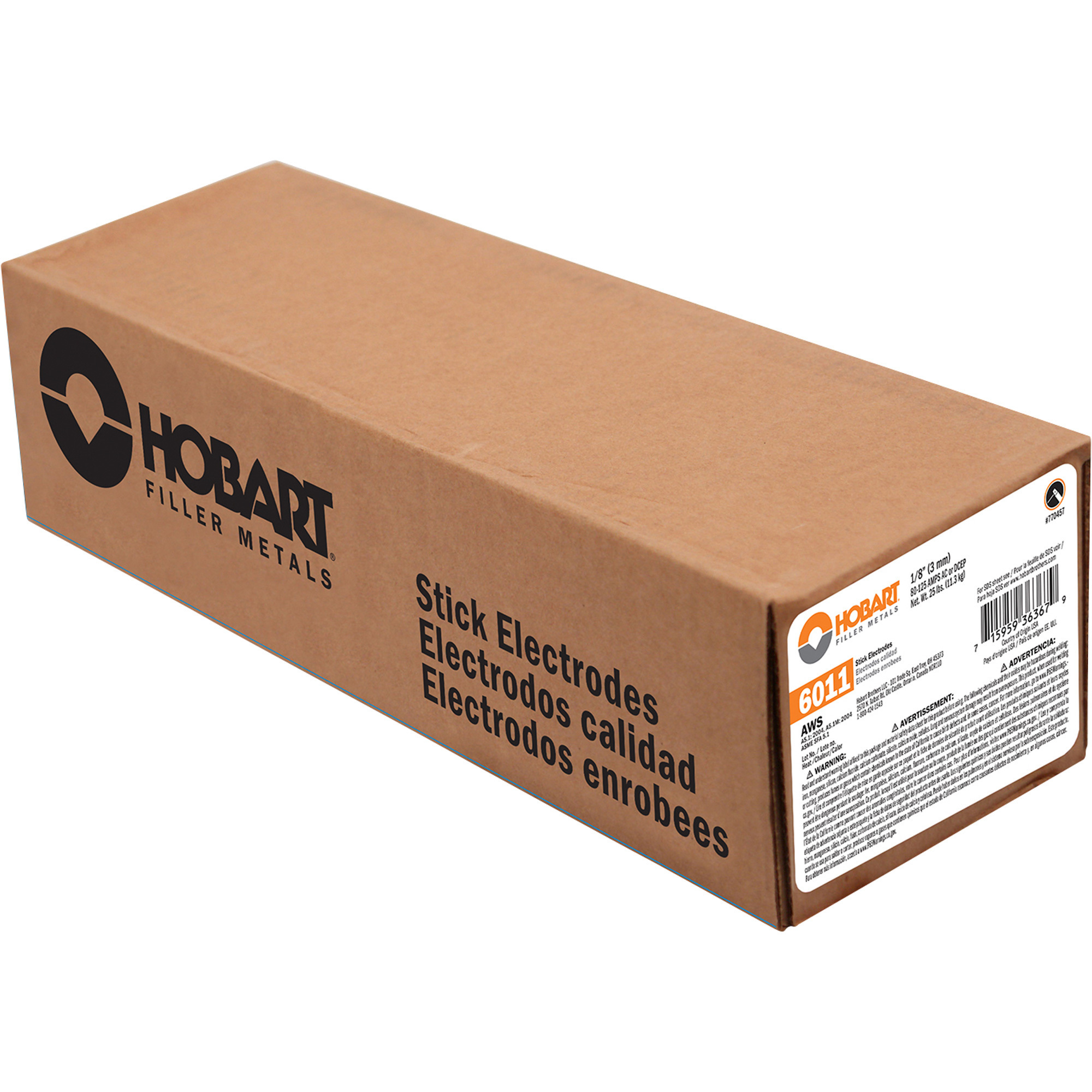 Hobart Filler Metals Stick Welding Electrodes, 6011, 1/8in. x 14in.L, 25-Lb. Carton, Model# 770457